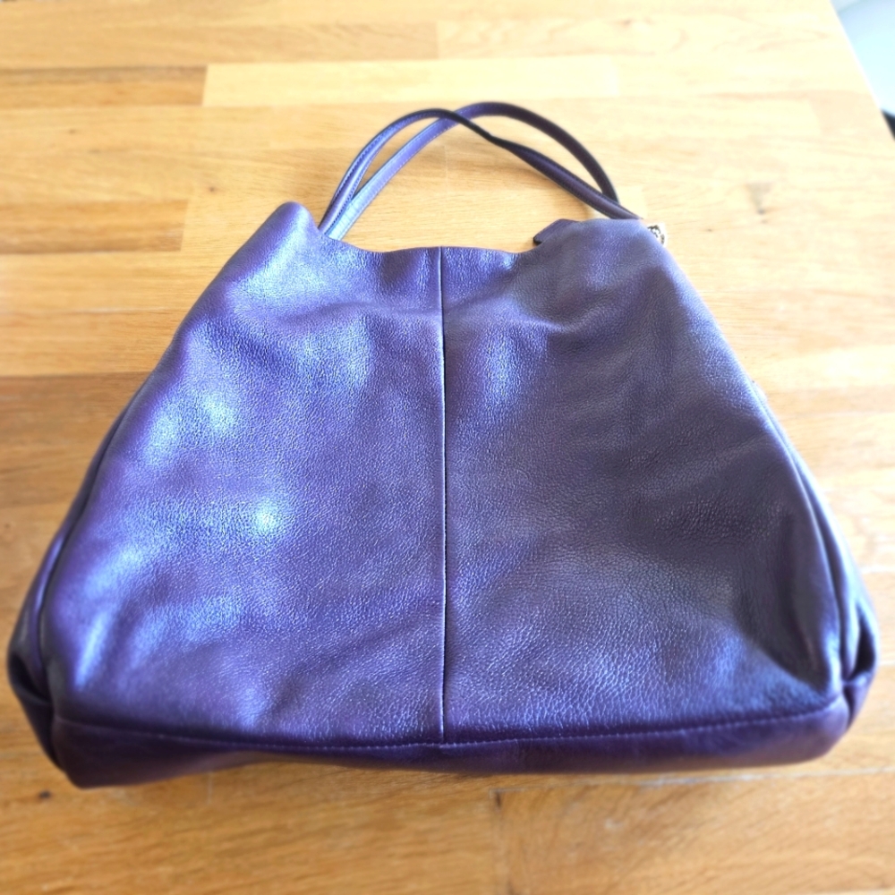 COACH Madison Phoebe Tumbled Plum Purple Leather 3 Section Lined Shoulder Bag